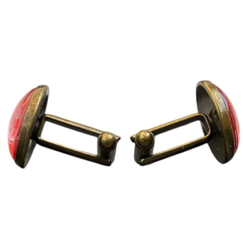Handmade Red Fluid Art Glass Cabochon Cufflinks Brass Setting by Svetlana Yeung